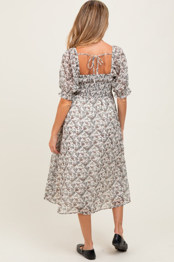 Cream Floral Smocked Puff Sleeve Maternity Midi Dress