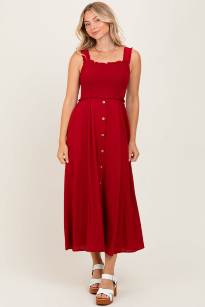 Burgundy Smocked Sleeveless Button Down Midi Dress