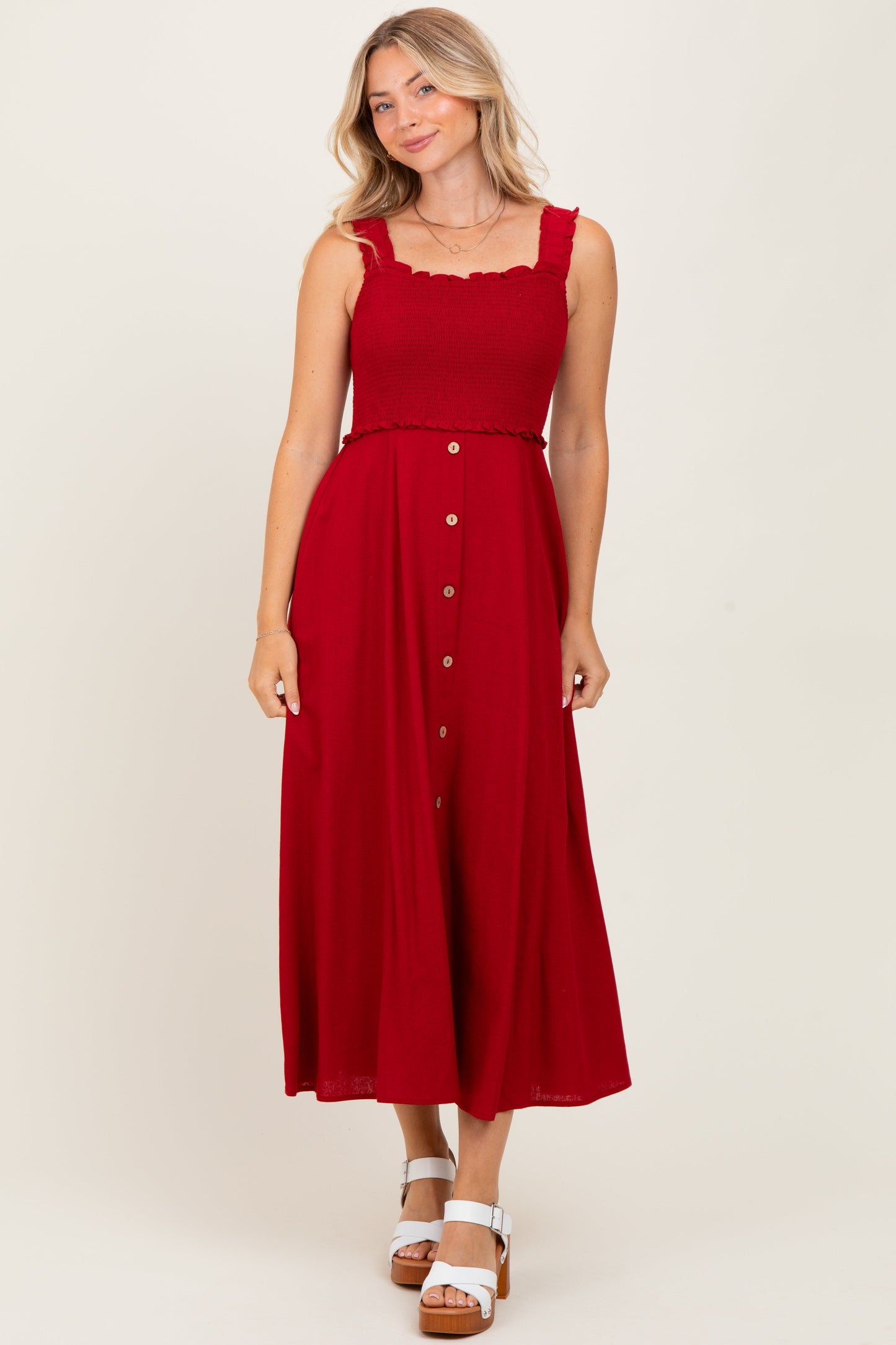Burgundy Smocked Sleeveless Button Down Maternity Midi Dress