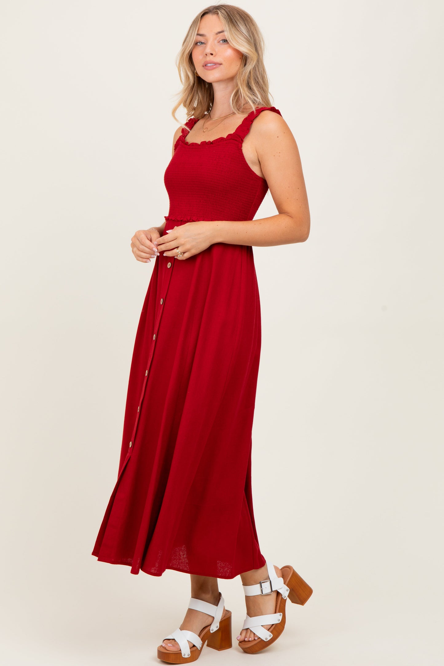 Burgundy Smocked Sleeveless Button Down Midi Dress