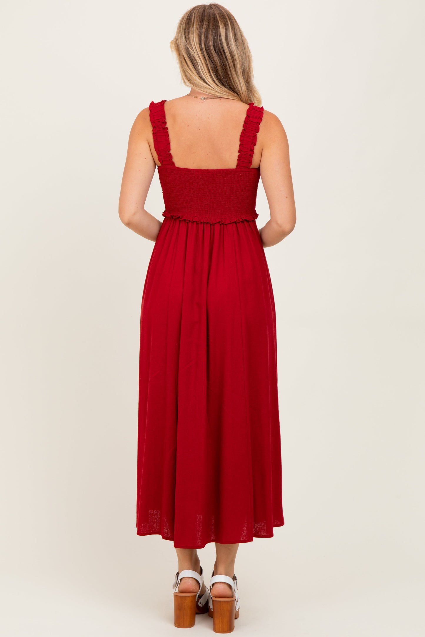 Burgundy Smocked Sleeveless Button Down Midi Dress