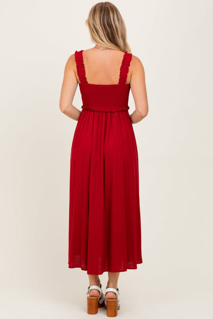 Burgundy Smocked Sleeveless Button Down Midi Dress
