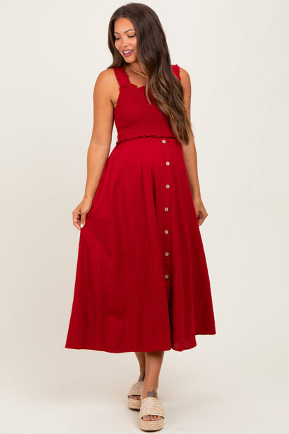 Burgundy Smocked Sleeveless Button Down Maternity Midi Dress