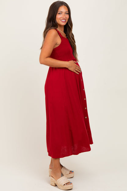 Burgundy Smocked Sleeveless Button Down Maternity Midi Dress