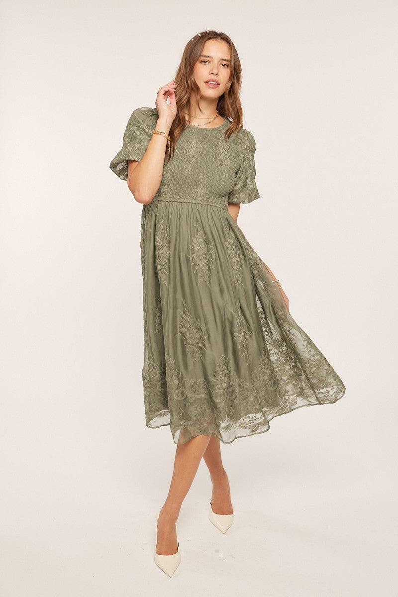 Light Olive Floral Lace Smocked Midi Dress