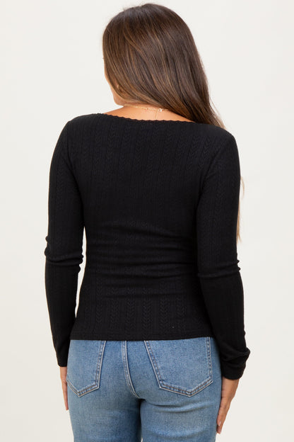 Black Pointelle Knit Lace Trim Square Neck Maternity Top