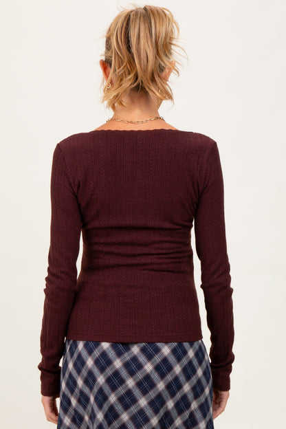 Burgundy Pointelle Knit Lace Trim Square Neck Maternity Top