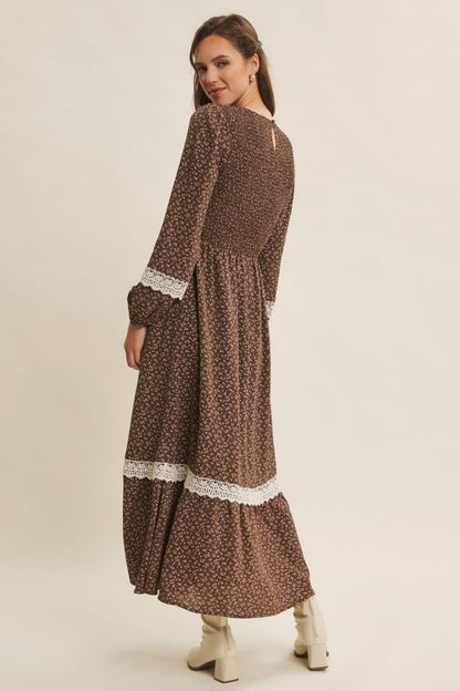 Brown Floral Smocked Crochet Lace Accent Maxi Dress