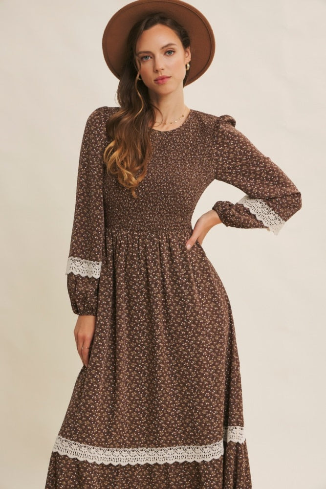 Brown Floral Smocked Crochet Lace Accent Maxi Dress