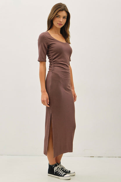 Brown Ruched Short Sleeve Side Slit Midi Dress