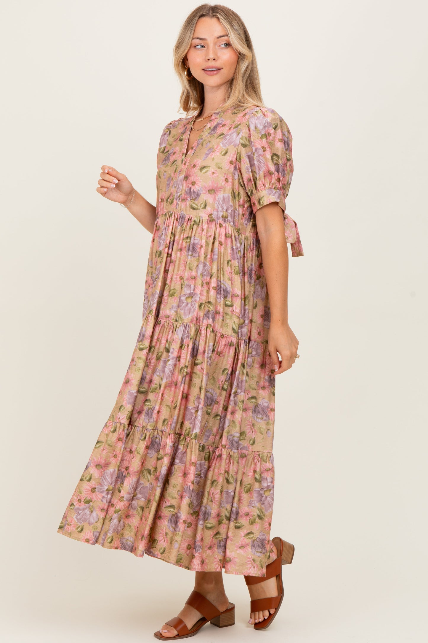 Camel Floral Tiered Puff Sleeve Midi Dress