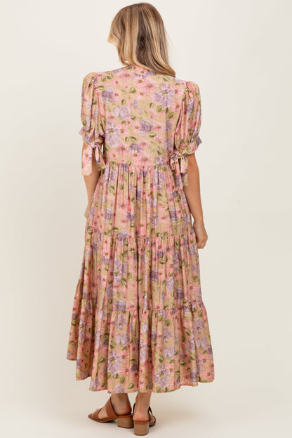 Camel Floral Tiered Puff Sleeve Midi Dress