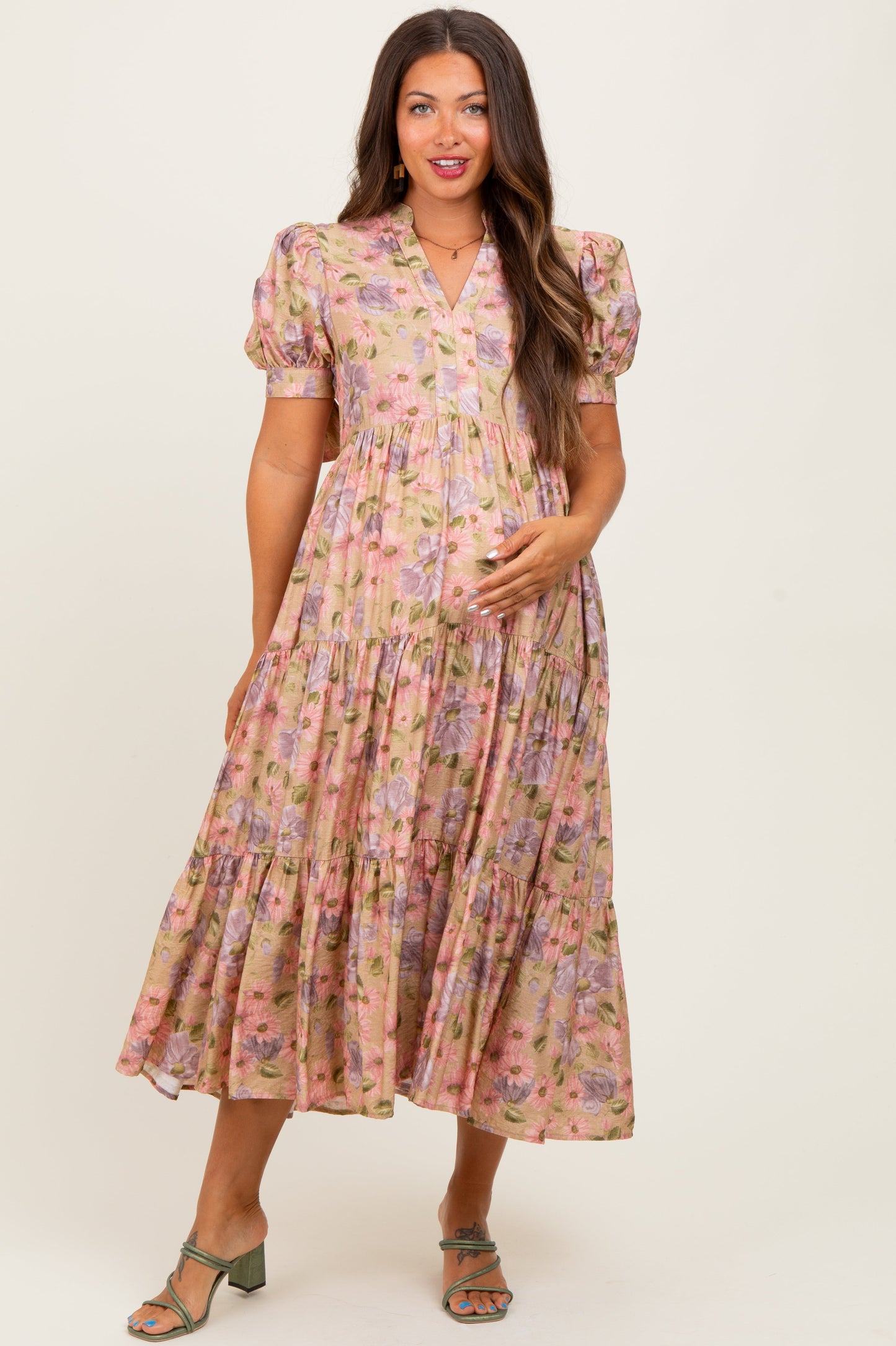 Camel Floral Tiered Puff Sleeve Maternity Midi Dress