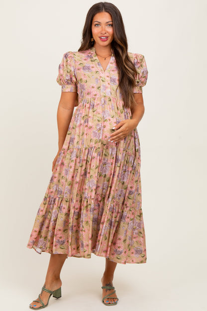 Camel Floral Tiered Puff Sleeve Maternity Midi Dress