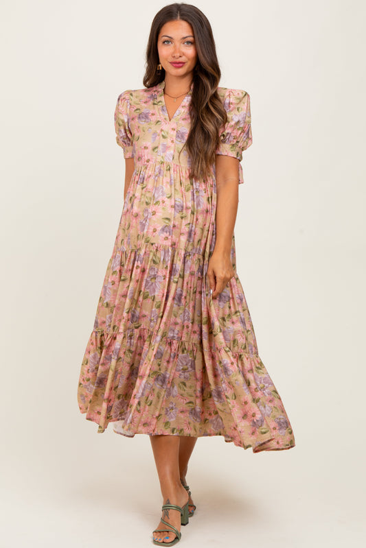 Camel Floral Tiered Puff Sleeve Maternity Midi Dress