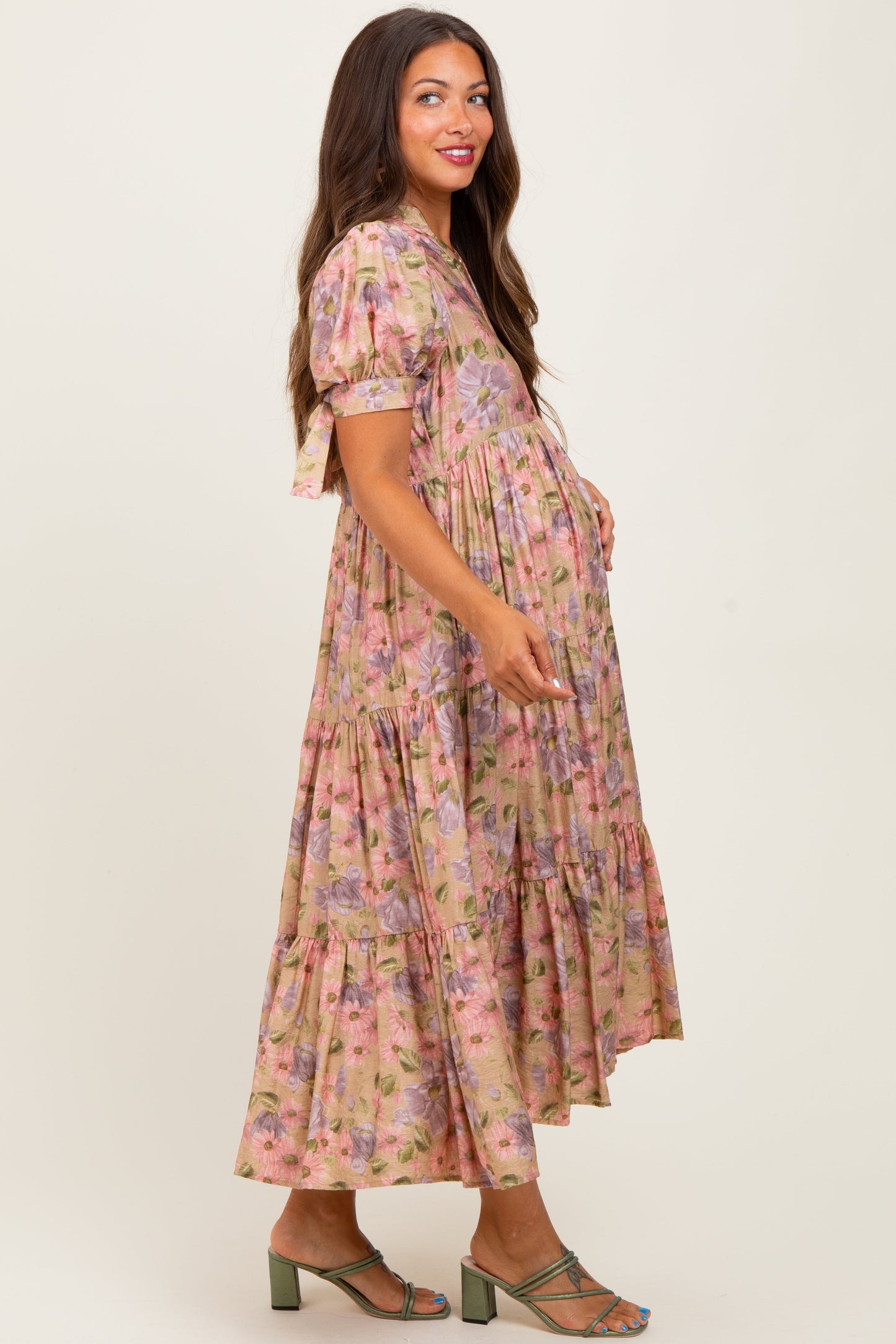 Camel Floral Tiered Puff Sleeve Maternity Midi Dress