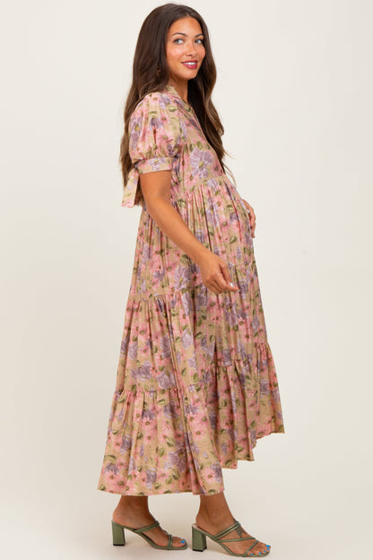 Camel Floral Tiered Puff Sleeve Maternity Midi Dress