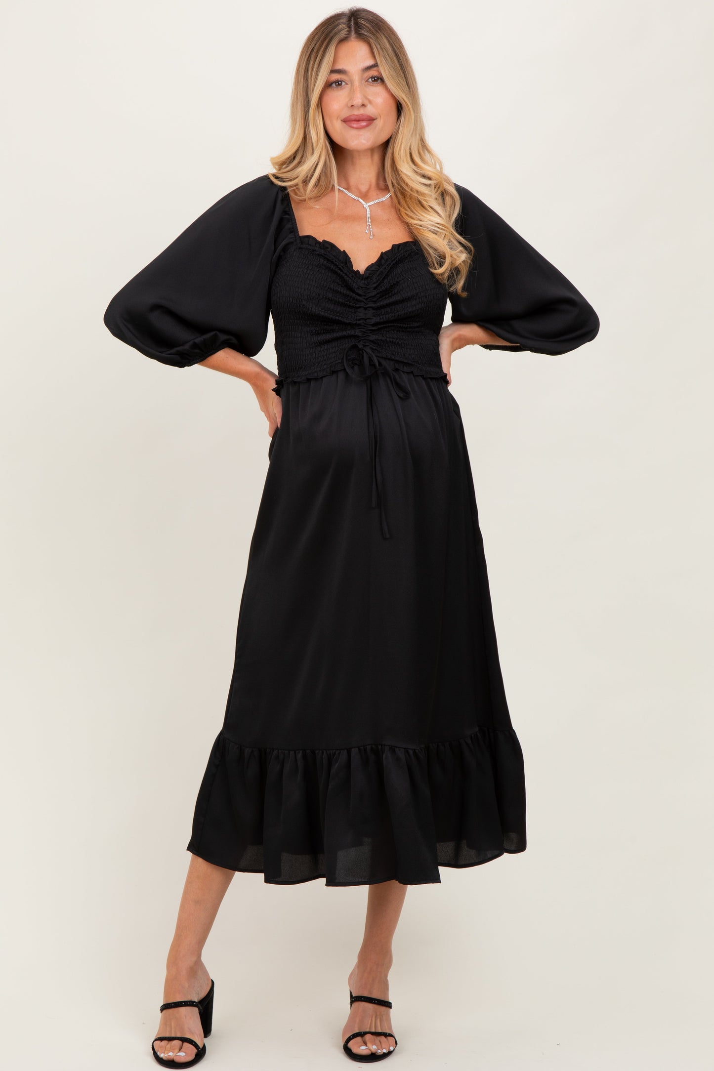 Black Satin Smocked Cinched Bust Maternity Midi Dress