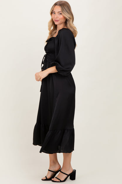 Black Satin Smocked Cinched Bust Midi Dress