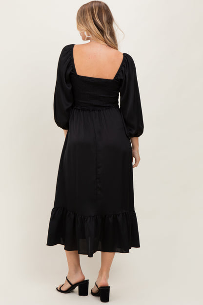 Black Satin Smocked Cinched Bust Midi Dress