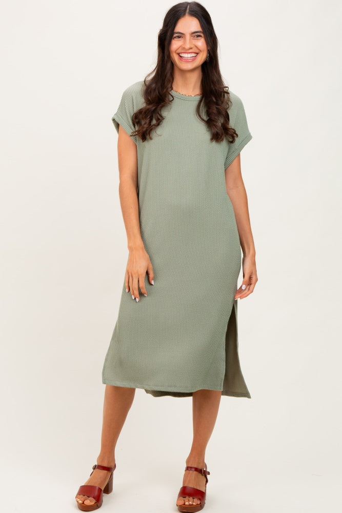 Olive Ribbed Short Sleeve Midi Dress