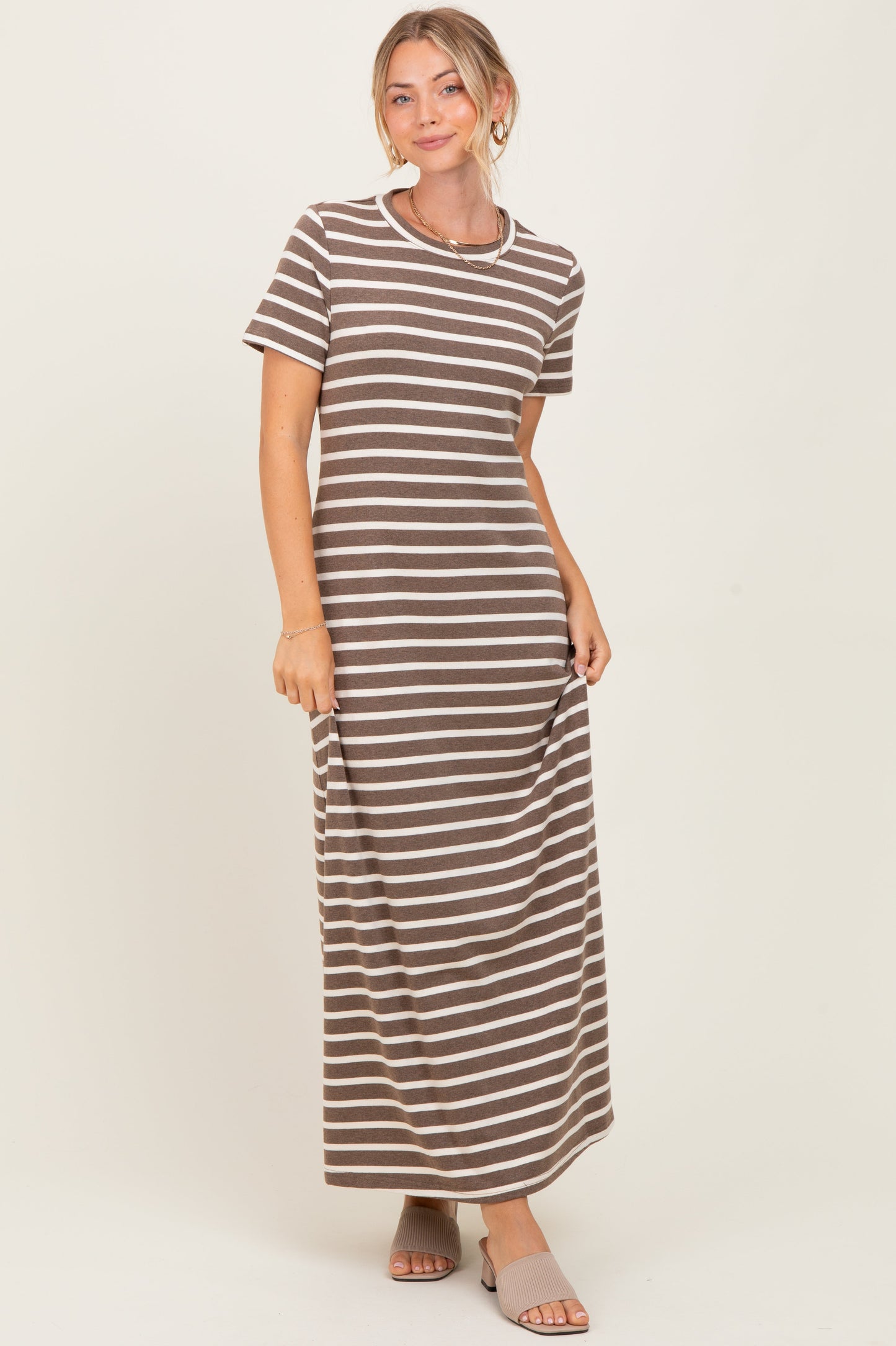 Brown Striped Short Sleeve Midi Dress