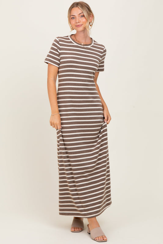 Brown Striped Short Sleeve Midi Dress