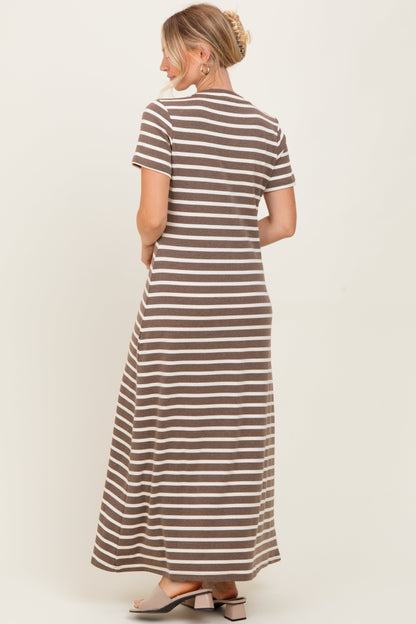 Brown Striped Short Sleeve Midi Dress