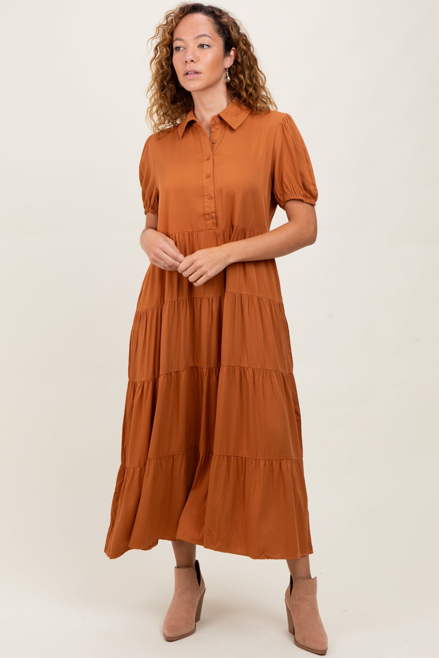 Camel Collared Button Down Tiered Midi Dress