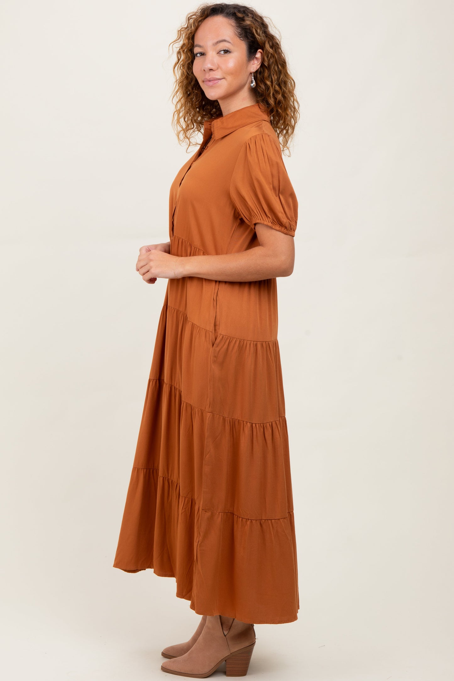 Camel Collared Button Down Tiered Midi Dress