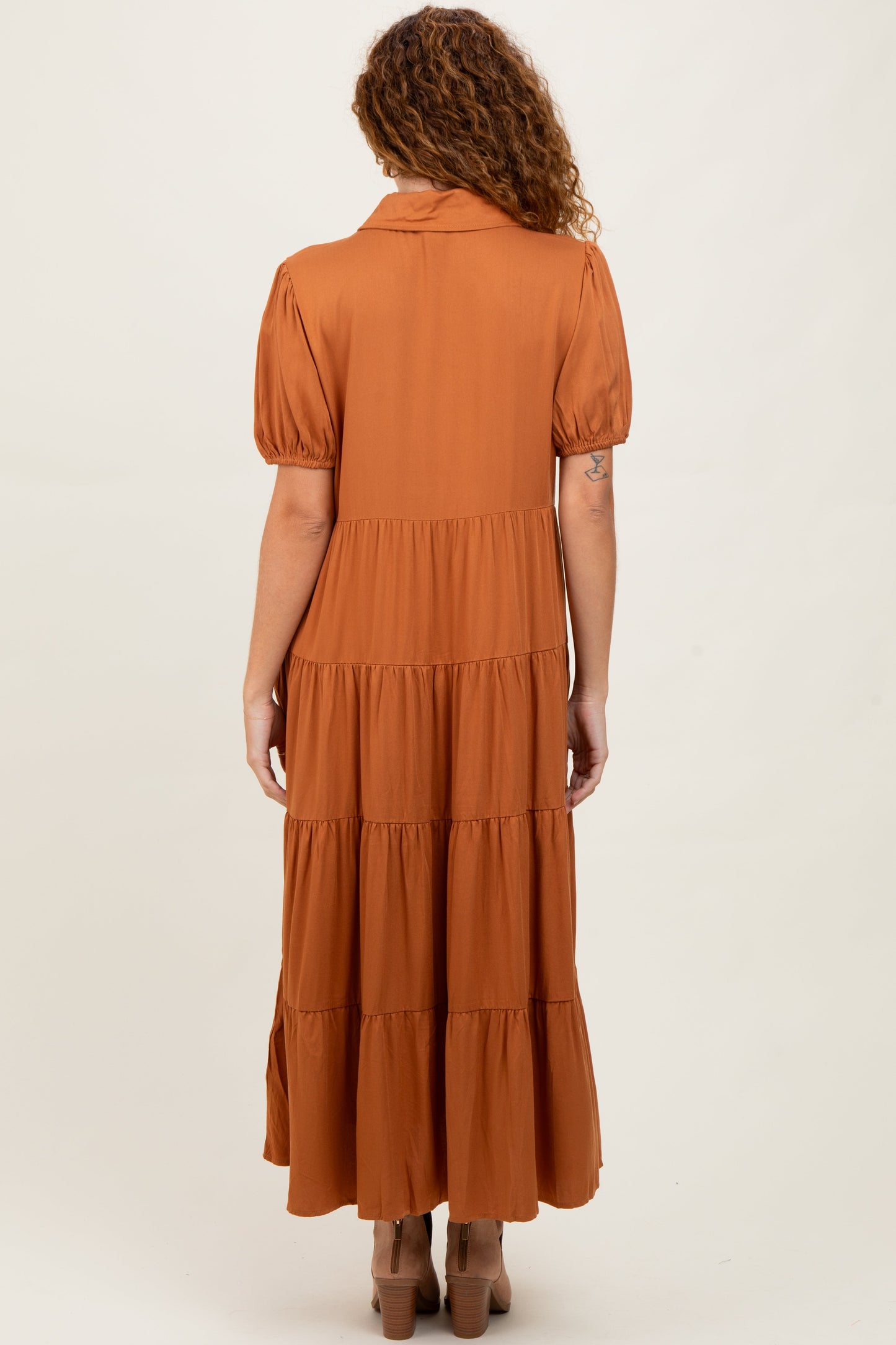 Camel Collared Button Down Tiered Midi Dress