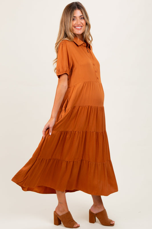 Camel Collared Button Down Tiered Maternity Midi Dress