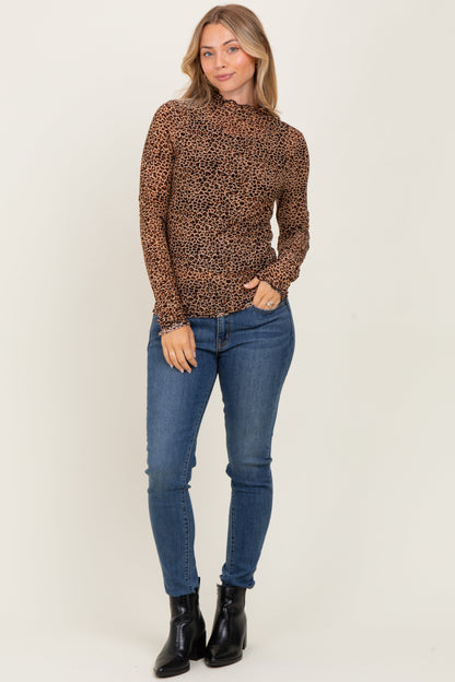 Mocha Animal Print Mesh Ruffle Neck Top
