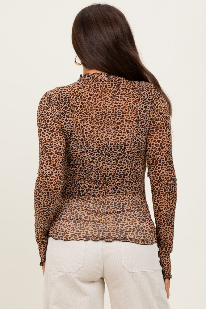Mocha Animal Print Mesh Ruffle Neck Maternity Top