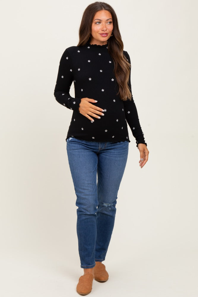 Black Knit Embroidered Floral Ruffle Hem Maternity Top