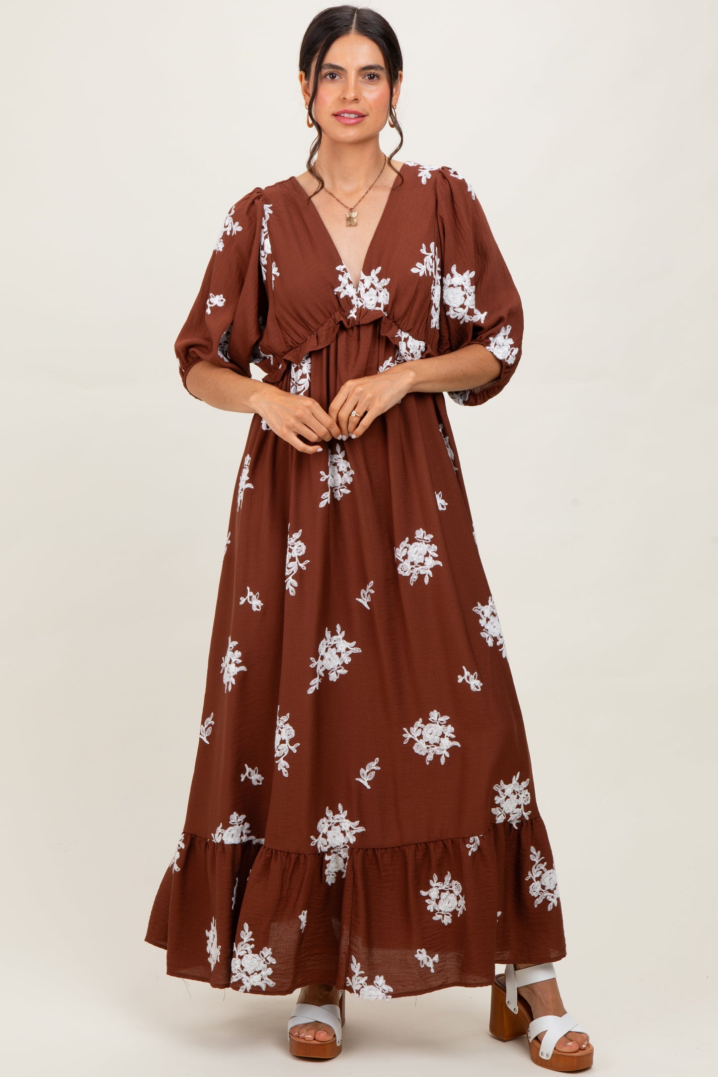 Brown Vintage Floral Embroidered V-Neck 3/4 Sleeve Maxi Dress
