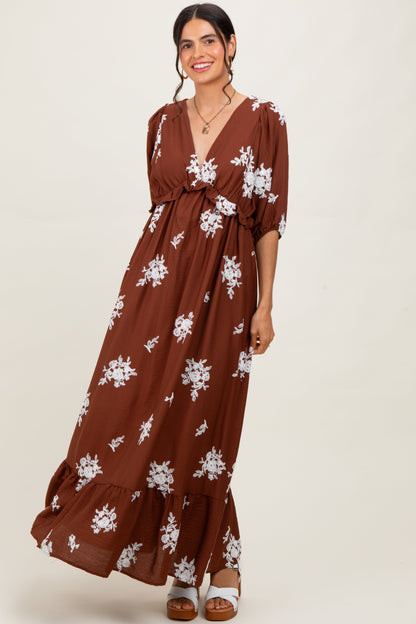 Brown Vintage Floral Embroidered V-Neck 3/4 Sleeve Maxi Dress