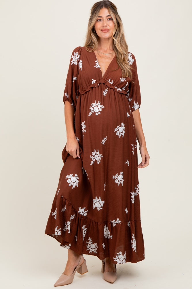 Brown Vintage Floral Embroidered V-Neck 3/4 Sleeve Maternity Maxi Dress
