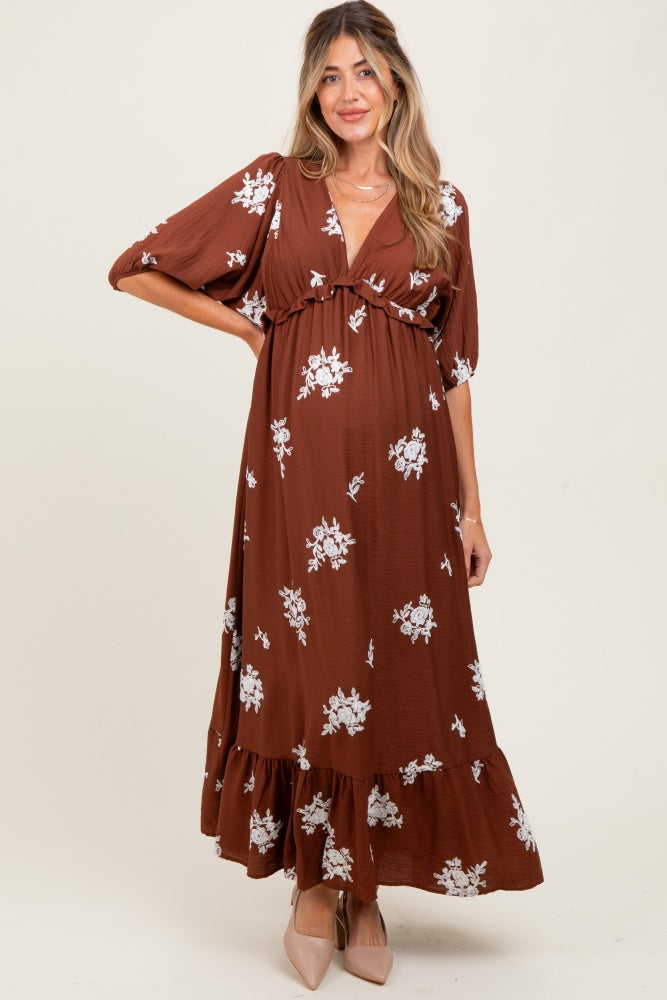 Brown Vintage Floral Embroidered V-Neck 3/4 Sleeve Maternity Maxi Dress