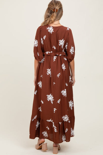 Brown Vintage Floral Embroidered V-Neck 3/4 Sleeve Maternity Maxi Dress