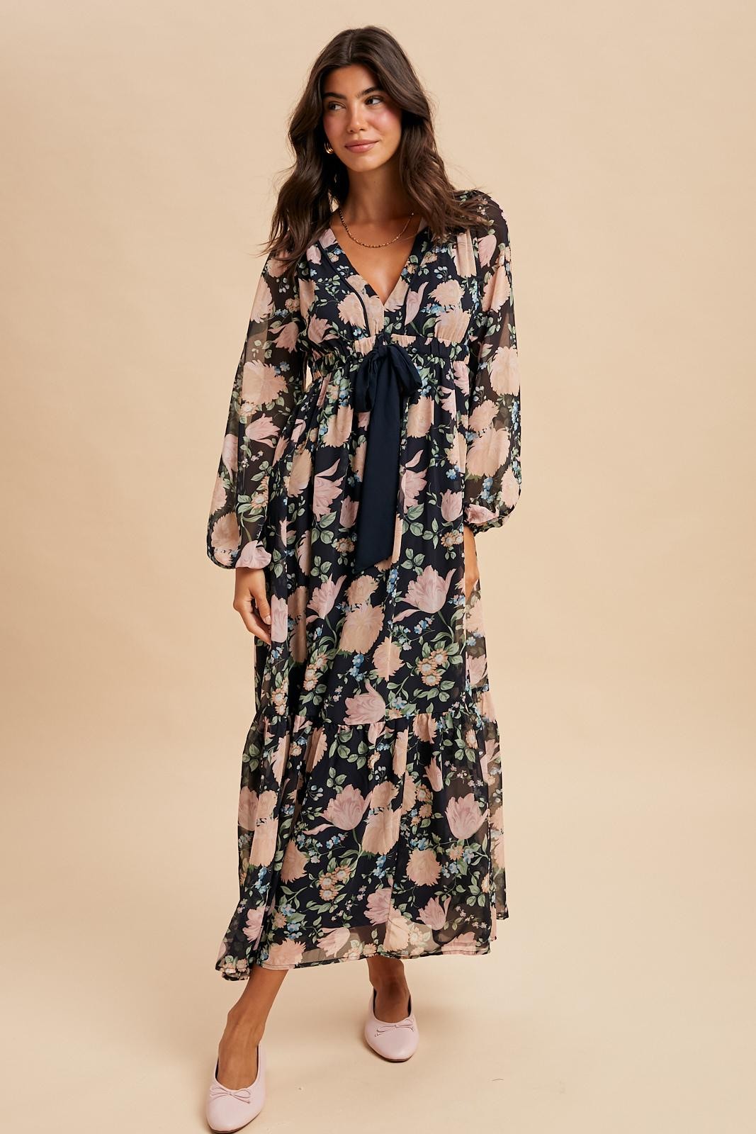 Navy Floral Chiffon Bow Tie Front Maxi Dress