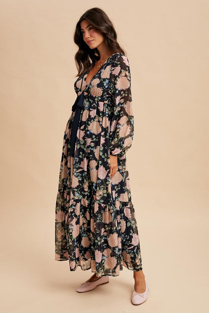 Navy Floral Chiffon Bow Tie Front Maxi Dress