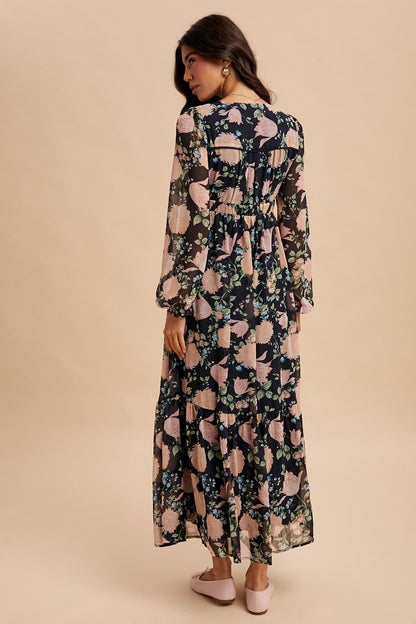 Navy Floral Chiffon Bow Tie Front Maxi Dress