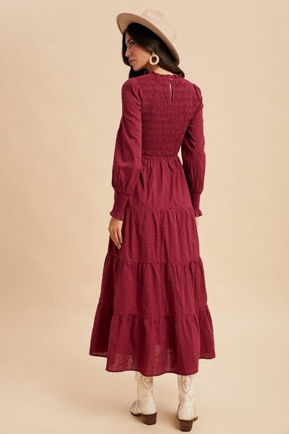 Burgundy Swiss Dot Smocked Tiered Maxi Dress