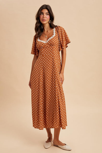 Camel Polka Dot Lace Trim Maxi Dress