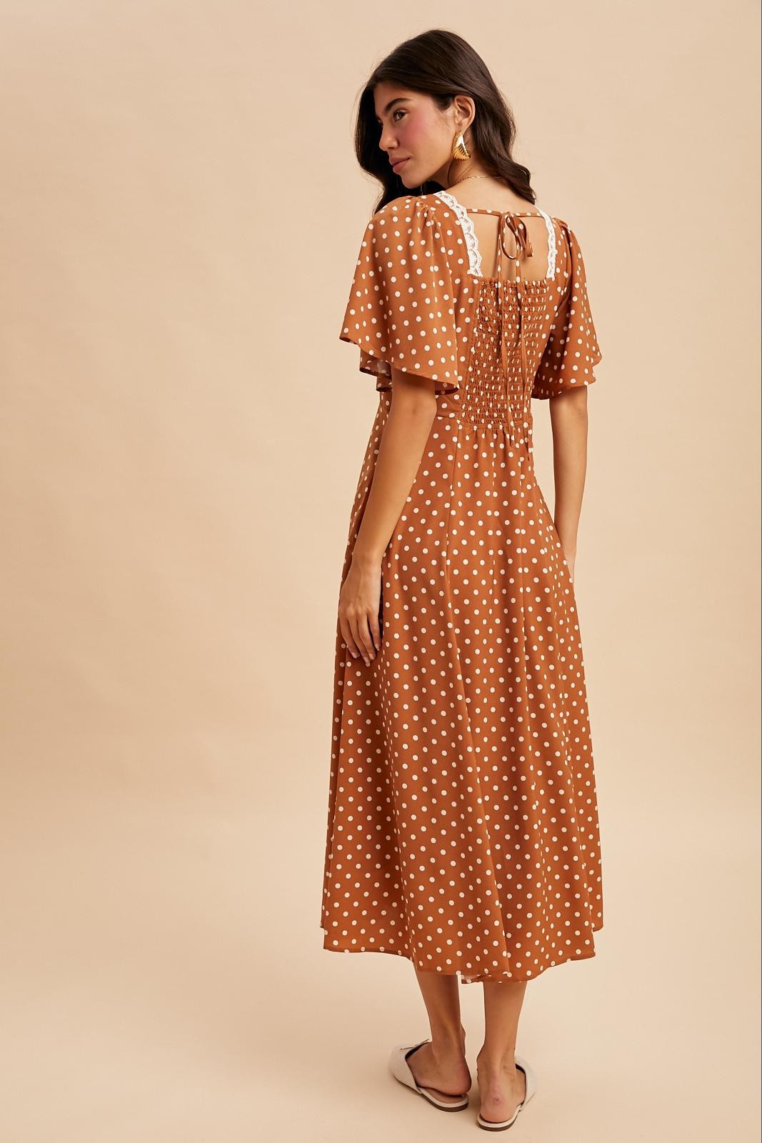 Camel Polka Dot Lace Trim Maxi Dress