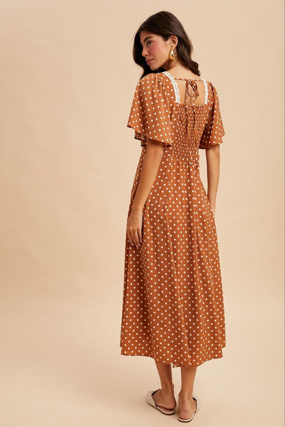 Camel Polka Dot Lace Trim Maxi Dress