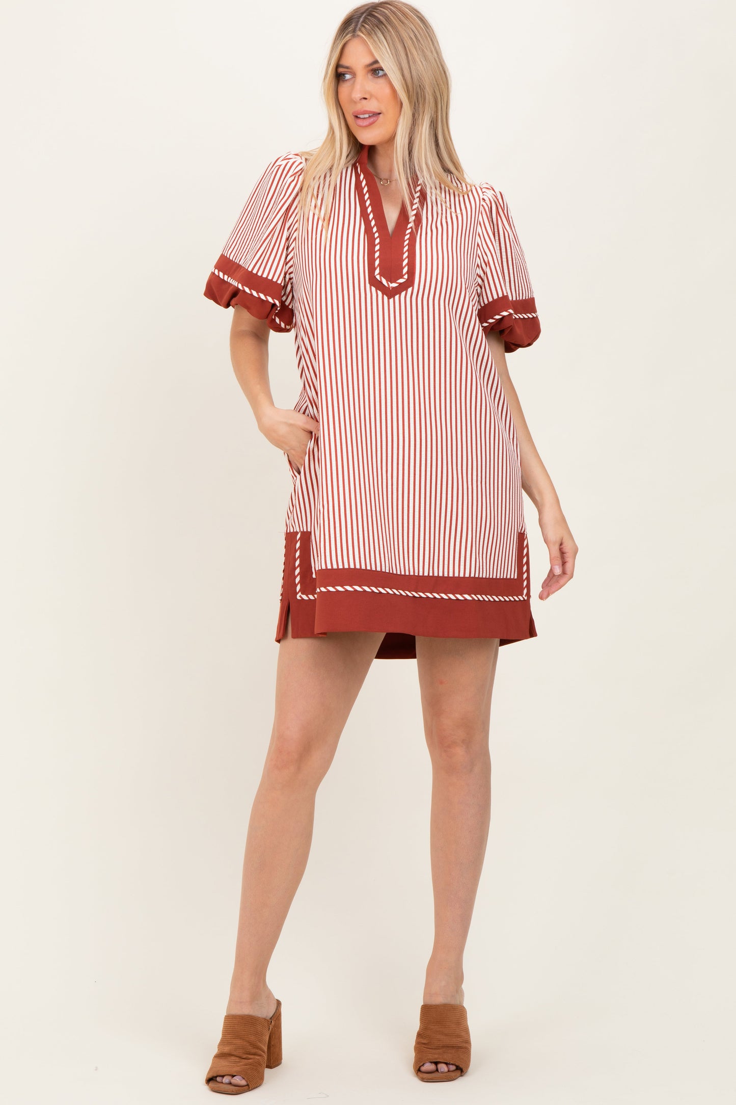 Rust Striped Contrast Border Maternity Mini Dress