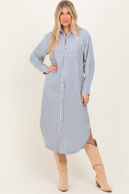Navy Textured Stripe Button Down Shirt Dress