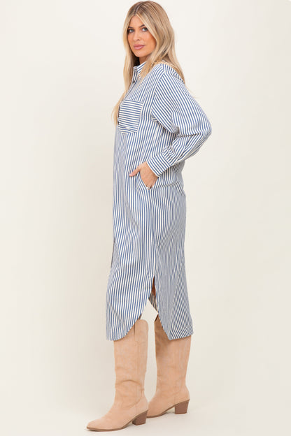 Navy Textured Stripe Button Down Shirt Dress